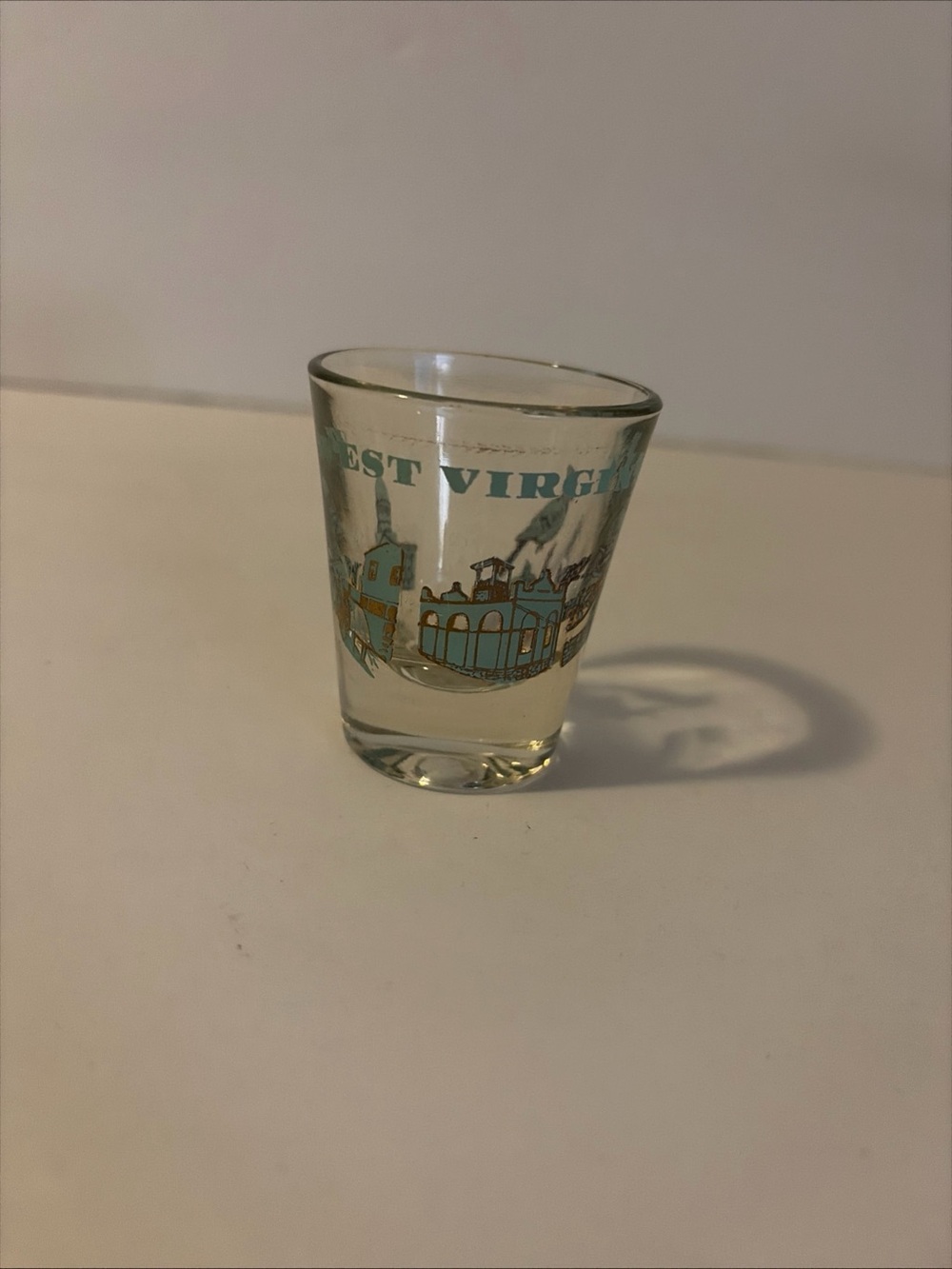 VTG Shot Glass State of West Virginia souvenir 2 oz clear glass blue